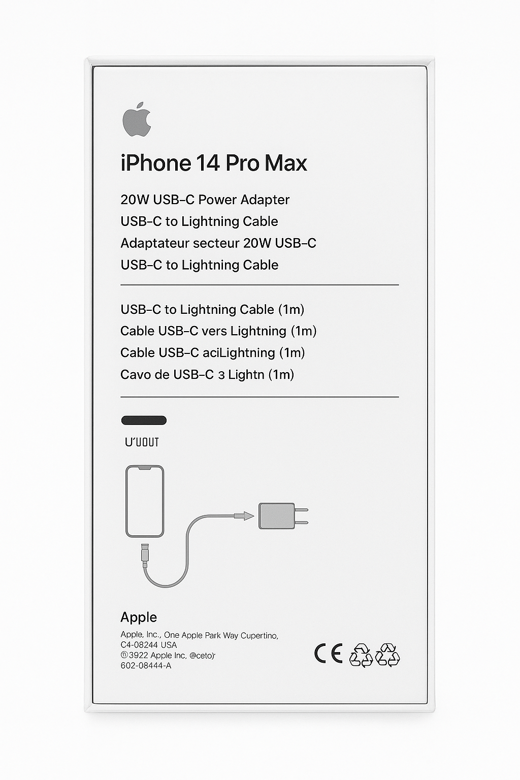 Chargeur Rapide Apple iPhone 14 Pro Max – Adaptateur USB-C 20W + Câble Lightning (1m)
